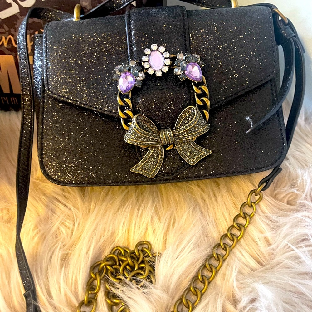 New Aldo Black Shimmer Evening Bag Rhinestone decorative  Bronze chained Strap
